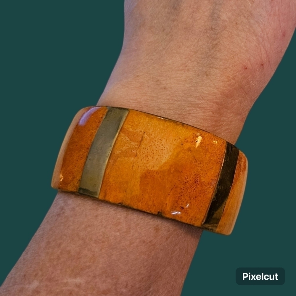 Vtg 1970s Brass Orange Inlay Wide Bangle Chunky Bangle Bracelet